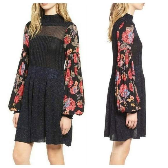 Free People Black Metallic Floral Knit Dress Sz S Ballon Sleeve Cottagecore Fall - Picture 1 of 12